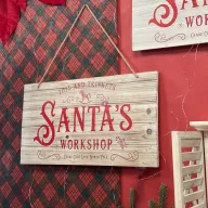   Óriás VIntage Karácsonyi fa tábla "Santa's Workshop", akasztható 60x30cm