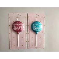   Születésnapi Gyertya Lufi, Birthday Girl Vagy Boy Felirattal, Rózsaszín Vagy Kék Magasság: 6.50 Cm