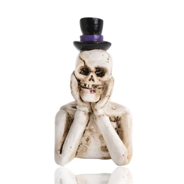 Halloweeni dekor figura csontváz kalapban könyöklő 7,3 cm