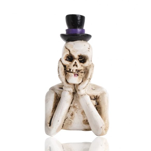 Halloweeni dekor figura csontváz kalapban könyöklő 7,3 cm