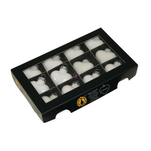 Karácsonyfadísz Szív üveg, 4 cm, fehér opal, 12 db-os szett