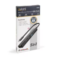   Multifunkciós USB Hub - HDMI + Type-C 3.0 - 3xUSB-A, 1xType-C - 5 Gbps, 100 W - fekete