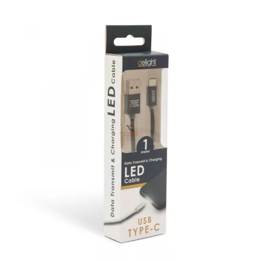 Adatkábel - USB Type-C LED fénnyel fekete - 1 m - max 2A