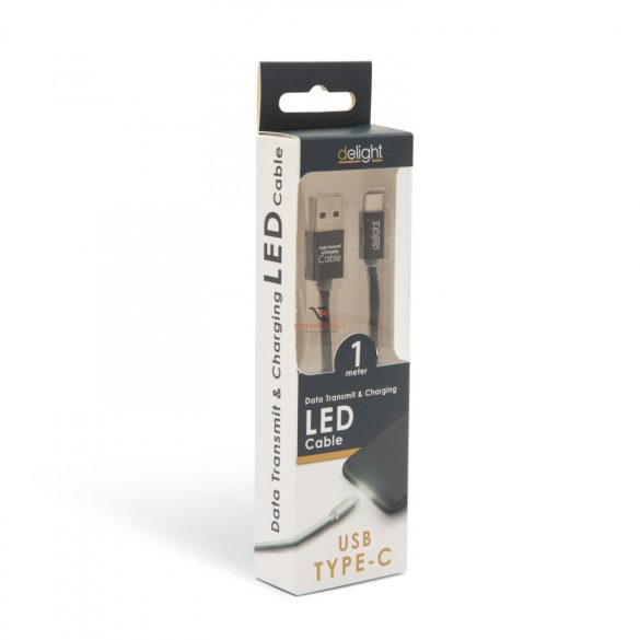 Adatkábel - USB Type-C LED fénnyel fekete - 1 m - max 2A
