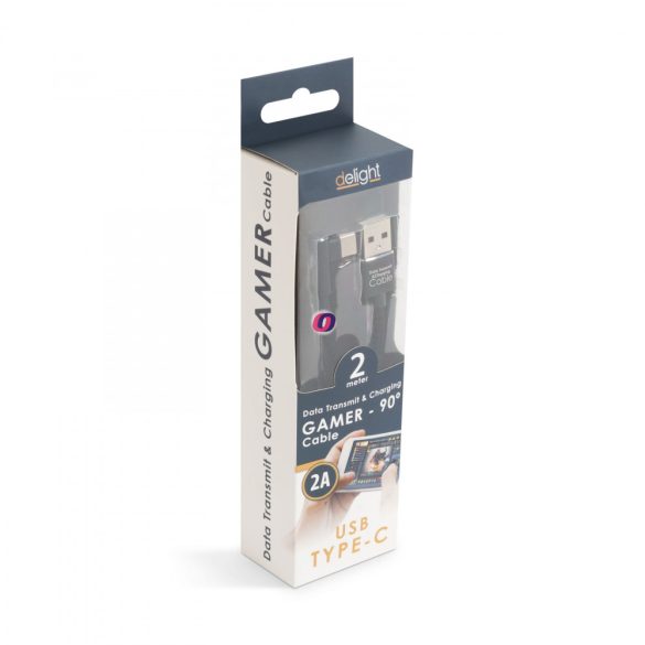Adatkábel - USB Type-C Gamer 90°-os kialakítás fekete - 2 m - 2 A