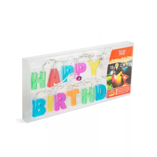 Születésnapi LED-es fényfüzér - "Happy Birthday" - 13 LED - 2 x AA - 2 m - 56529A