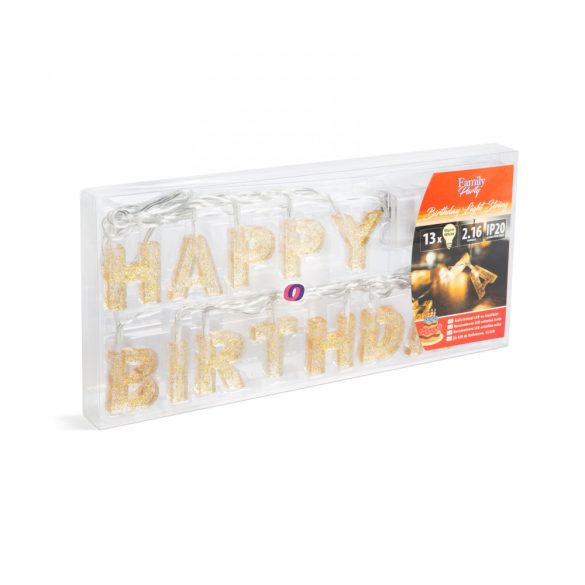 Születésnapi LED-es fényfüzér - "Happy Birthday" - 13 LED - 2 x AA - 2 m - 56529B