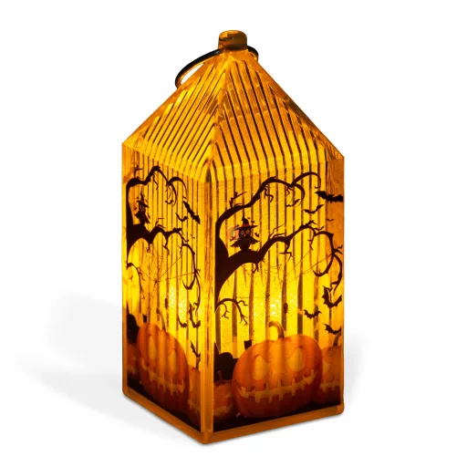 Halloween- lámpás, tök mintás, narancs LED, 9,5 cm
