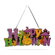   Halloweeni ajtódísz "Happy Halloween" - akasztható - fa - 42,5 x 18 cm