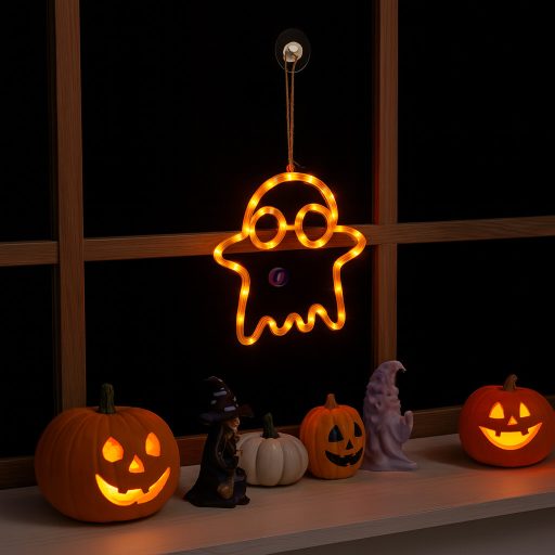 Halloween világító ablakdekor szellem - tapadókorongos - 12 LED - 20 x 18,5 cm - 3 x AAA