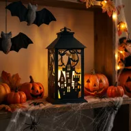   Halloween pislákoló lámpás, kastély, elemes, fekete, 30 x 14 cm