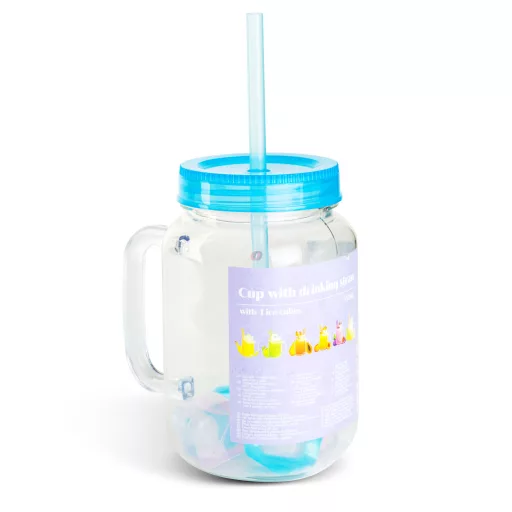 Szívószálas pohár - kék - 4 db hűthető jégkockával, 550ml,  17 x 7.5 x 13.5 cm