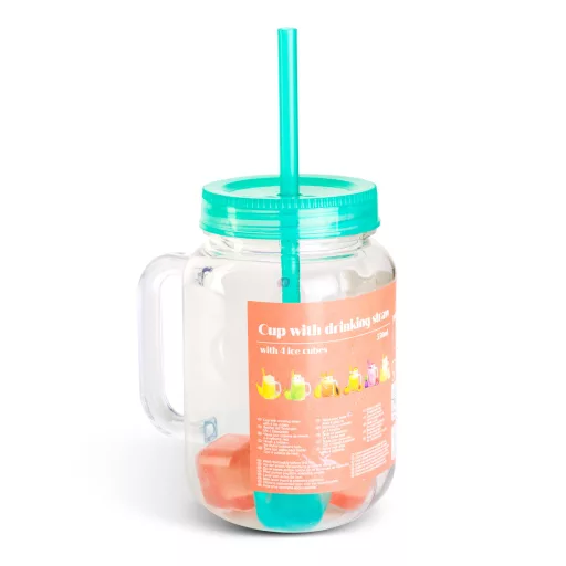 Szívószálas pohár - zöld - 4 db hűthető jégkockával, 550ml,  17 x 7.5 x 13.5 cm