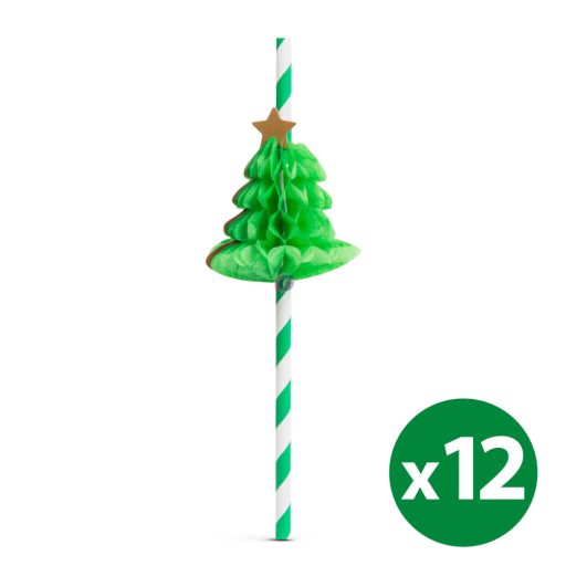 Karácsonyi Papír szívószál 3D fenyőfa - 197 x 6 mm - 12 db / csomag