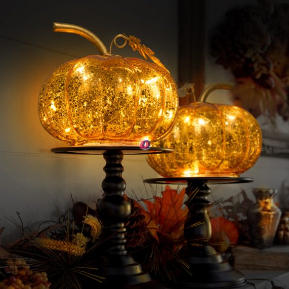 Őszi tök dekoráció LED világítással narancssárga 11 cm