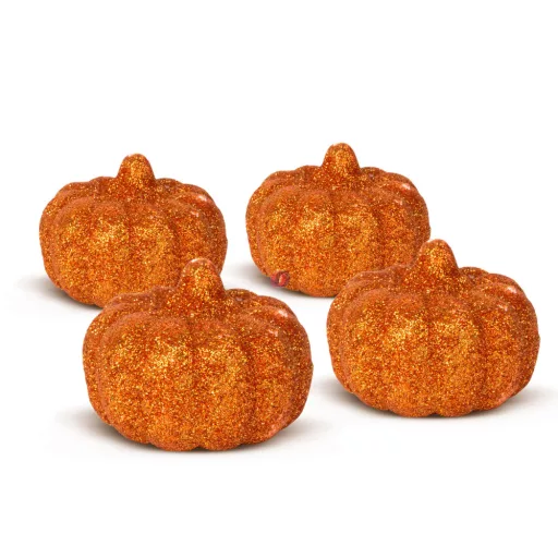 4 db-os őszi tök dekoráció,  5,2 cm,  glitteres, narancssárga