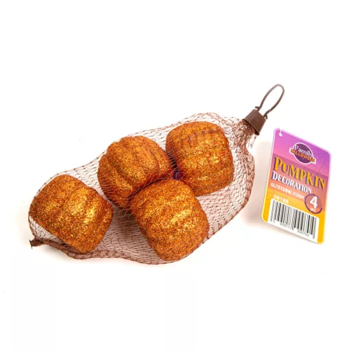 4 db-os őszi tök dekoráció,  5,2 cm,  glitteres, narancssárga