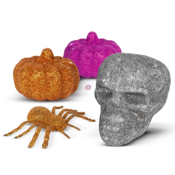 4 db-os Halloween-i dekoráció szett - pók, koponya, 2 db tök, glitteres