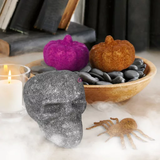 4 db-os Halloween-i dekoráció szett - pók, koponya, 2 db tök, glitteres