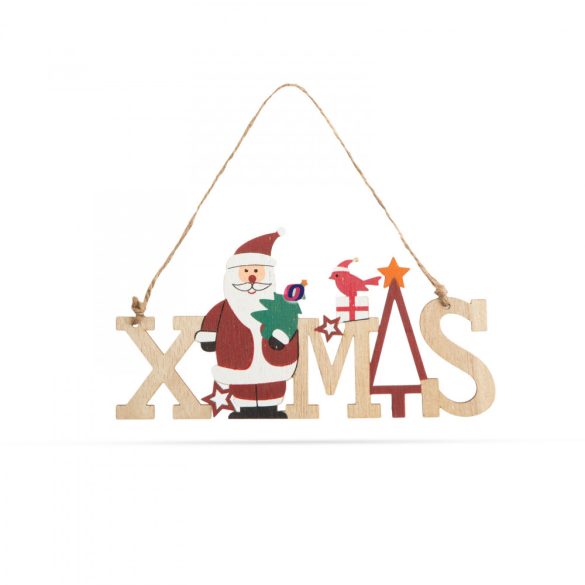 Karácsonyi Ajtódísz dekor fából "XMAS" mikulásos - akasztóval - 17 x 9 cm