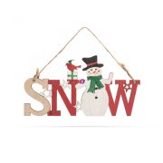   Karácsonyi Ajtódísz dekor fából "SNOW" hóemberrel akasztóval - 17 x 9 cm