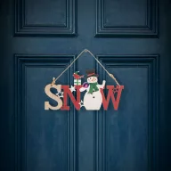   Karácsonyi Ajtódísz dekor fából "SNOW" hóemberrel akasztóval - 17 x 9 cm