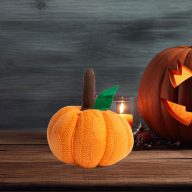 Kötött mintás őszi tök dekor 13 cm, narancssárga