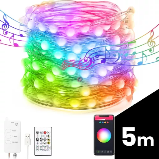Smart fényfűzér 5m RGB LED 16 millió szín, Bluetooth, USB