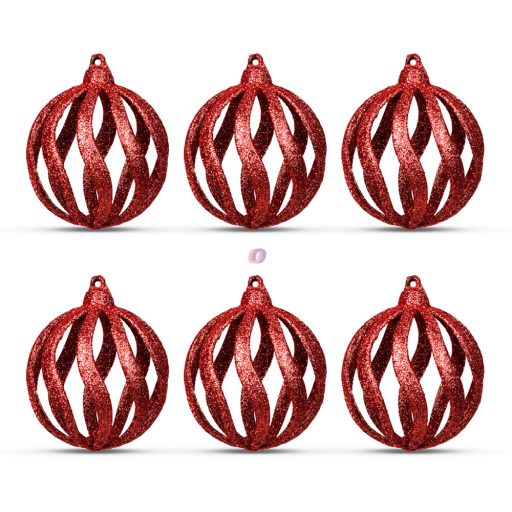 6 db-os Karácsonyfadísz szett glitteres piros gömbdísz - 7 cm