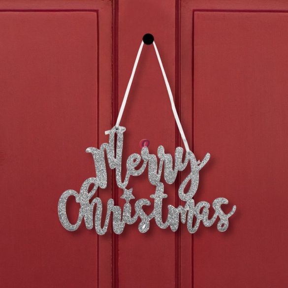 Karácsonyi Merry christmas felirat - ajtódísz - ezüst 12 cm