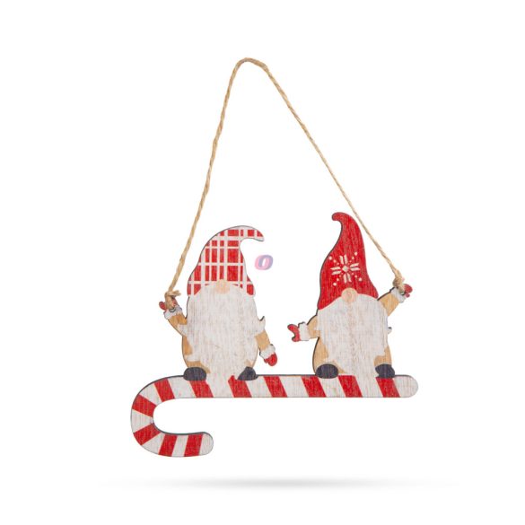 Karácsonyi Ajtódísz Manók cukorbottal, fa piros, fehér 15 cm