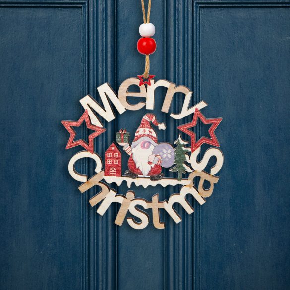 Karácsonyi Ajtódísz Manós Merry christmas felirattal 11 cm, fa