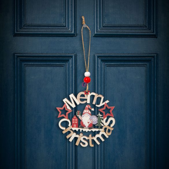 Karácsonyi Ajtódísz Manós Merry christmas felirattal 11 cm, fa