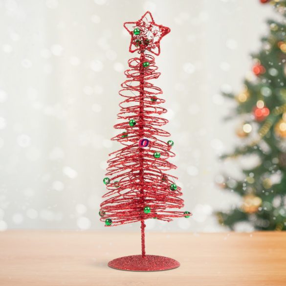 Karácsonyi, glitteres, fém karácsonyfa 28 cm piros