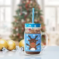   Üvegpohár korsó karácsonyi mintával, szívószállal 450 ml