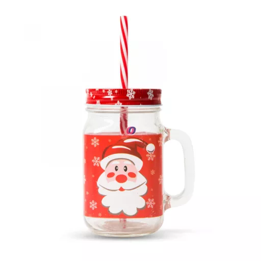 Üvegpohár korsó karácsonyi mintával, szívószállal 450 ml