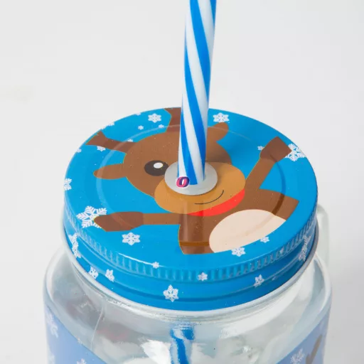 Üvegpohár korsó karácsonyi mintával, szívószállal 450 ml