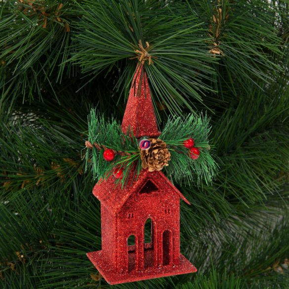 Karácsonyi glitteres templom akasztóval 16 x 6,5 cm piros