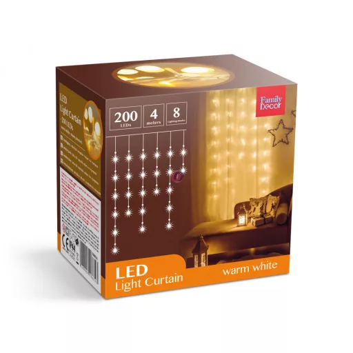 Kültéri Fényfüggöny - 200 db LED - melegfehér - hálózati - IP44 - 4,2 m - 8 program