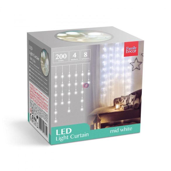 Kültéri Fényfüggöny - 200 db LED - középfehér - hálózati - IP44 - 4,2 m - 8 program