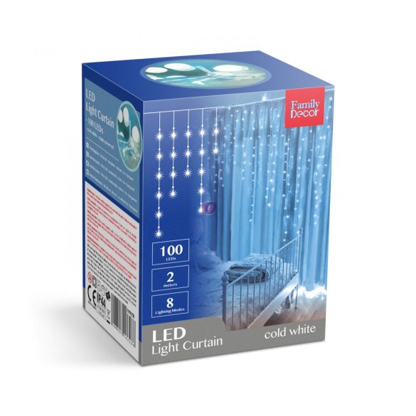 Kültéri Fényfüggöny - 100 db LED - hidegfehér - hálózati - IP44 - 2,2 m - 8 program