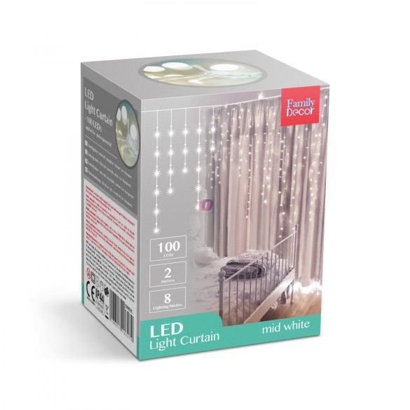 Kültéri Fényfüggöny - 100 db LED - középfehér - hálózati - IP44 - 2,2 m - 8 program