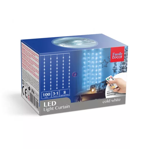 Kültéri, beltéri Fényfüggöny 100 db hidegfehér microLED-del - 3 x 1 m - 230V - távirányítós