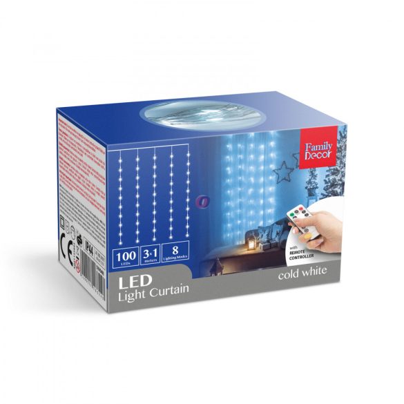Kültéri, beltéri Fényfüggöny 100 db hidegfehér microLED-del - 3 x 1 m - 230V - távirányítós