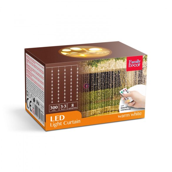 Fényfüggöny - 300 db melegfehér LED-del - 3 x 3 m - 230V - távirányítós, kültéri/beltéri