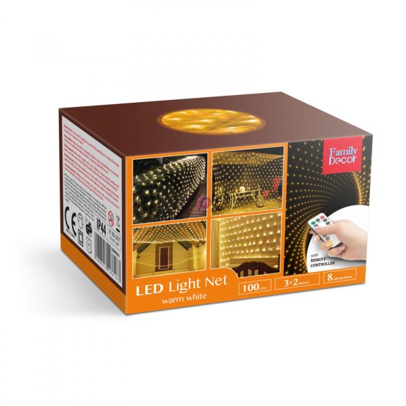 LED-es fényháló 190 db melegfehér LED-del 3 x 2 m, 230V, távirányítós, IP44