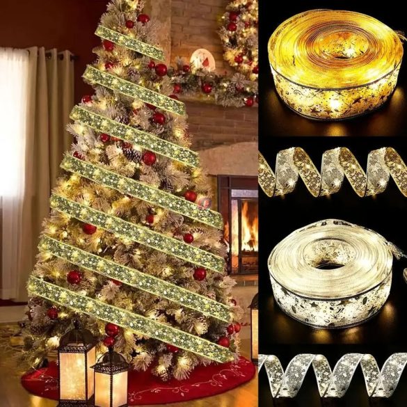 Karácsonyi szalag led világítással, arany 2m, elemes
