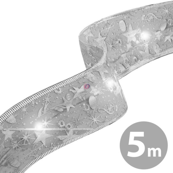 Karácsonyi szalag led világítással, ezüst 5m, USB, 50 LED