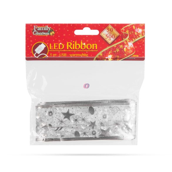Karácsonyi szalag led világítással, ezüst 5m, USB, 50 LED
