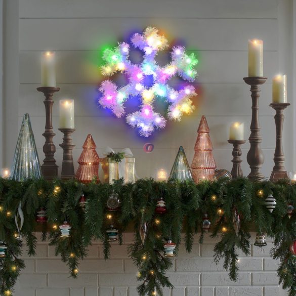 Világító ablakdísz jégkristály, 32 cm irizáló, színes, elemes